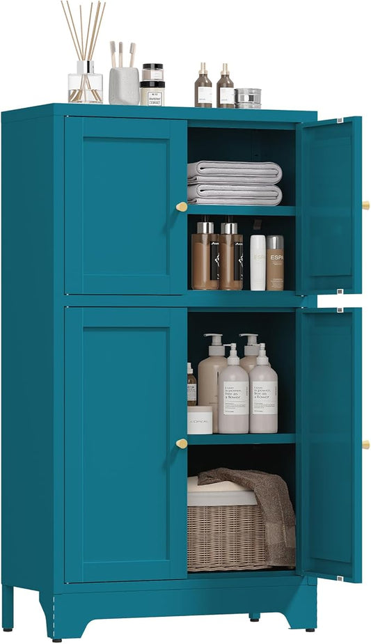 43" H Blue Small Kitchen Pantry Cabinet,Metal White Pantry Cabinets with Doors,Small Storage Cabinets,Food Pantry Cabinet with 4 Doors and Shelves for Kitchen and Dining Room