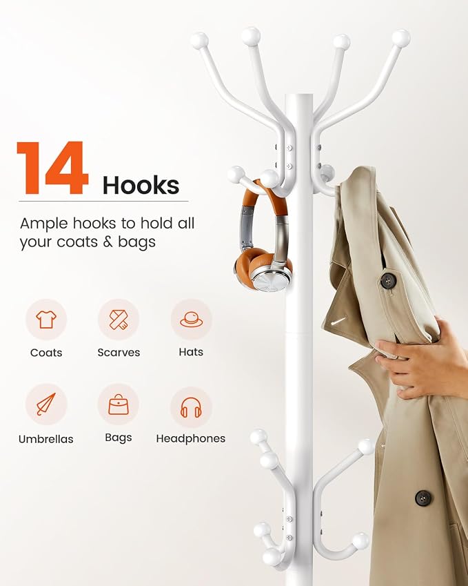 Pipishell Metal Coat Rack Freestanding with 14 Hooks, White | Durable metal frame, stable four-point base, 2 hook heights for adults and kids, smooth rods & hooks prevent clothing snags