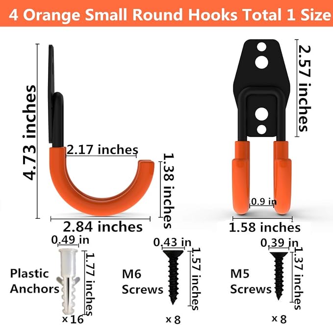 Wall Mount Double Hook,Heavy Duty Steel Garage Storage Utility Hooks with Anti-Slip Coating,Load Capacity 66 LB (4Pack Orange 2.8" Round J Hook)