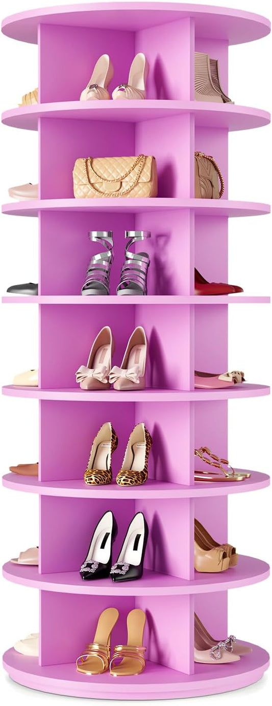 Rotating Shoe Rack 7 Tier Spinning Shoes Organizer Tower for 28-32 Pairs Lazy Susan 360 Revolving Shoe Storage Cabinet Rotate Shoe Handbag Rack Round Carousel for Closet, Bedroom (Pink)