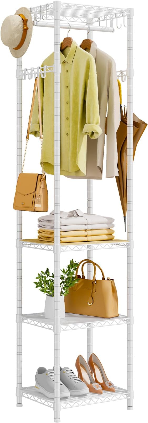 R1 Heavy Duty Clothes Rack with Storage Shelves, 448 Lbs Load, White | Heavy-duty freestanding clothes rack supports up to 448 lbs for hanging garments and daily supplies
