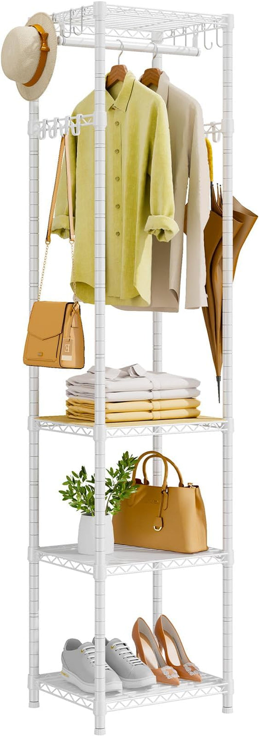 R1 Heavy Duty Clothes Rack with Storage Shelves, 448 Lbs Load, White | Heavy-duty freestanding clothes rack supports up to 448 lbs for hanging garments and daily supplies