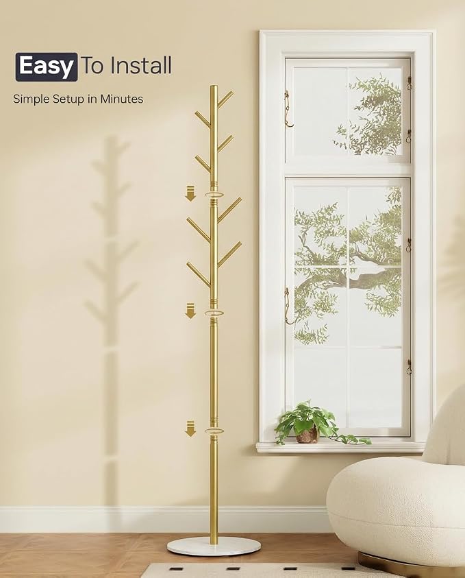 Coat Rack with 8 Hooks, 3 Adjustable Heights, Modern Hall Tree, Sturdy Metal Clothes Stand with Sintered Stone Base for Entryway, Office, Bedroom, for Coats, Hats, Handbags and Scarves, Gold