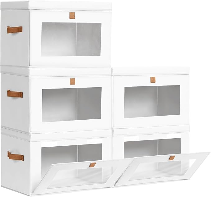 Homsorout Large Closet Storage Bins - Collapsible Clothes Organizer with Handles & Window, Decorative Boxes with Lids, Linen Closet Organizers for Living Room, Dorm, 5 Pack, White