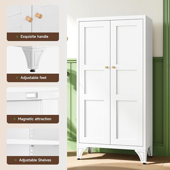 Letaya Metal Storage Cabinet with Doors and Shelves,47.3" H Bathroom Floor Kitchen Pantry Utility Cupboard Dining Home Office/Garage Organizers,White