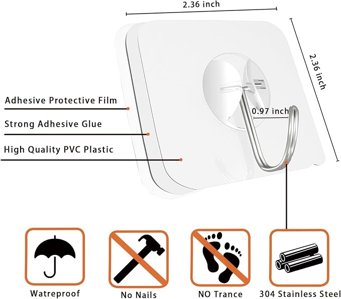 Latoxcaa Heavy Duty Adhesive Wall Hooks - Strong & Transparent, Hold up to 22lb, Waterproof & Reusable, Ideal for Kitchen, Bathroom, and Office (20 Pack)