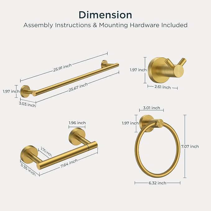 FORIOUS Bathroom Accessories, 4-Piece Bathroom Hardware Set - 24" Towel Bar | Brushed Gold | Towel Hooks, Towel Racks for Bathroom, Toilet Paper Holder Wall Mounted & Towel Ring | SUS304 Stainless Steel