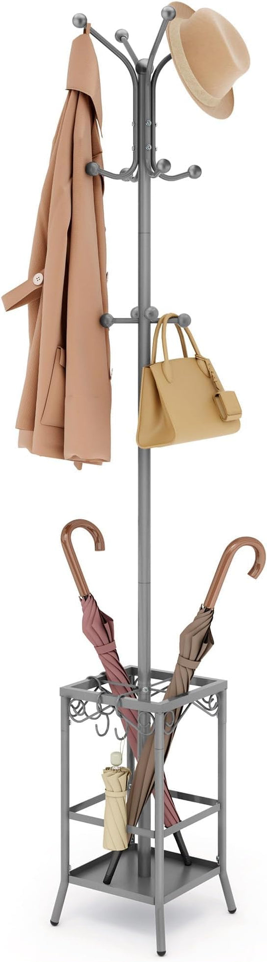 Hoctieon Coat Rack Freestanding, Coat Tree with Umbrella Holder | Metal Coat Rack Stand with 12 Hooks, Standing Coat Hanger Stand, Umbrella Stand for Entryway, Hat Rack Stand for Home Office