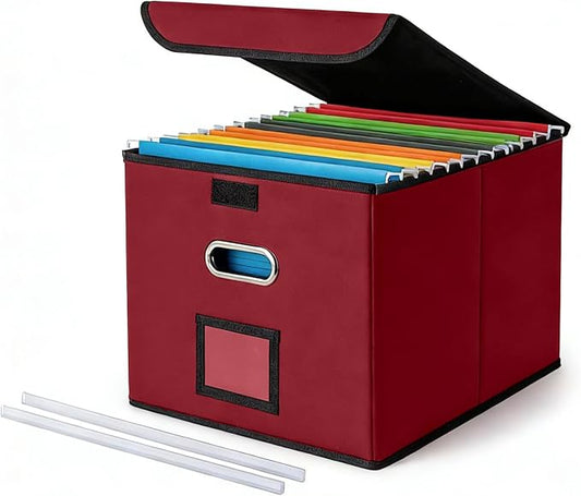 CADONO File Organizer Box with Lid (Wine Red, 14.9 x 12.59 x 10.8 inch) | Large Hanging File Folder Organizer with Plastic Slide, Collapsible Portable Filing Storage Boxes for Office/Decor/Home