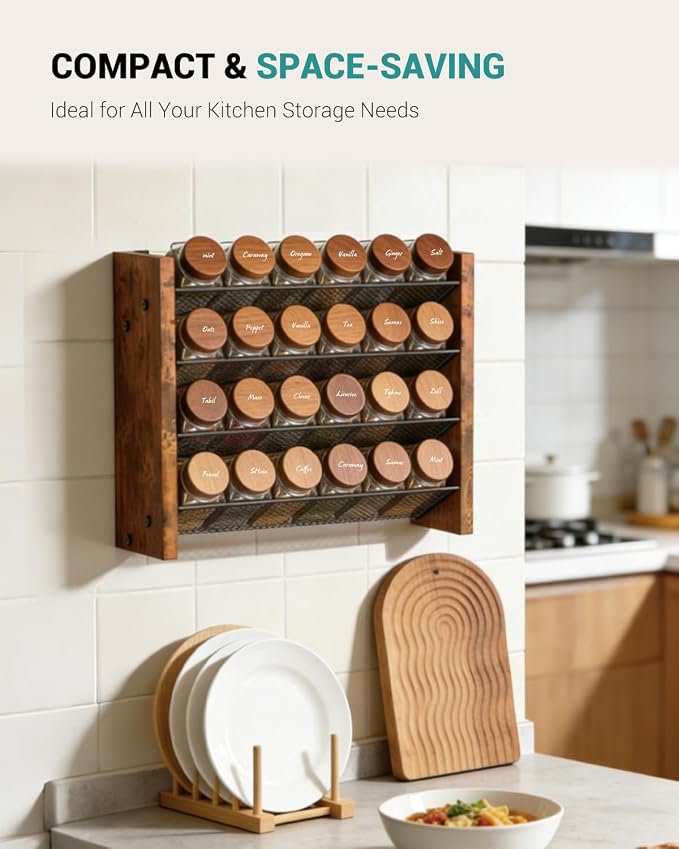 NESAPTO Spice Rack Organizer for Cabinet, Wood 4-Tier Vertical Seasoning Organizer, Wall Mount or Countertop Spice Shelf, Holds 24 Jars (No Jars Included), 12.2" W x 9.4" H