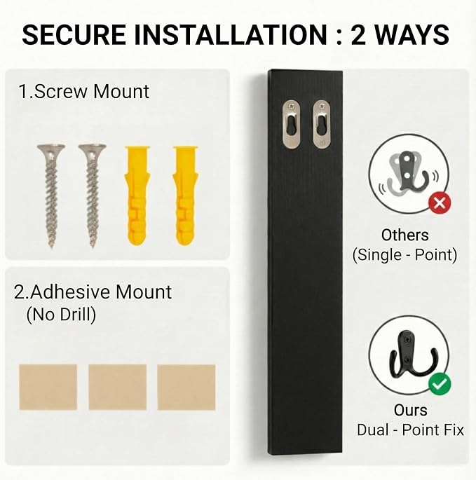 Vertical Key Holder for Wall & Dog Leash Holder – Solid Wood Wall Mount Key Rack with 8 Hooks – Small Space Saving Entryway Organizer for Keys, Lanyards, Masks (Adhesive or Screws) (Black)