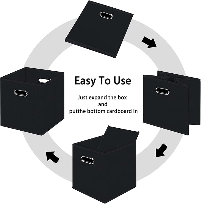 Black Foldable Storage Cubes Bins , Fabric Storage Box Cubes Organizer Baskets with Dual Handles for Home Organizer (Black)