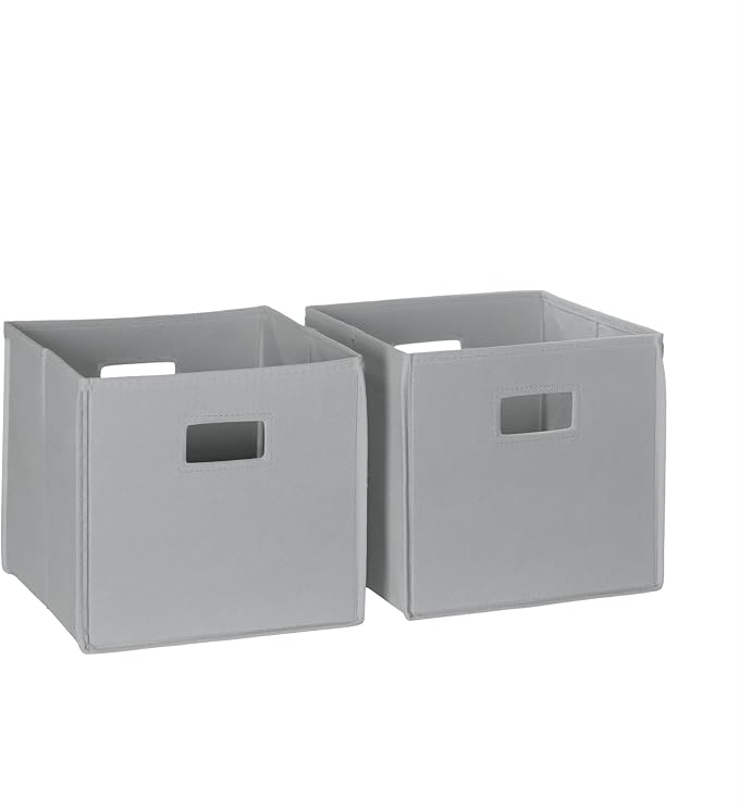 RiverRidge Folding Storage Bins - 2-pack of 10in Tall Gray Cubes | Fabric Bins, Set of 2 Storage Cubes, Cut-out Handles, Playroom Closet Organizer, Collapsible Cubby with Bottom Board Insert