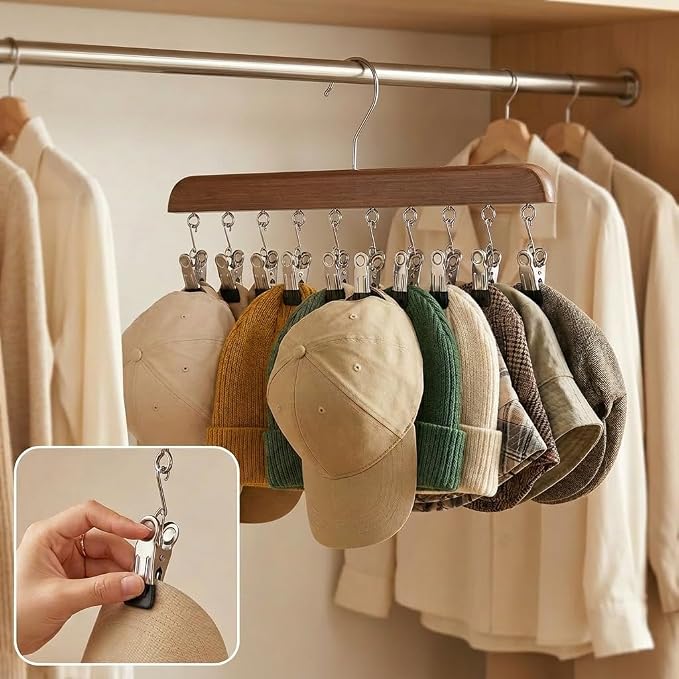 Closet Organizer with 10 Clips, 2PCS Space Saving Hanging Closet Organizer, Space-Saving Hat Scarf Clothespins for Jeans Skirts Socks Leggings Wooden Pant Hangers with Clips(Vintage+Wood)