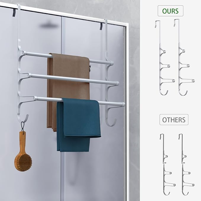 CANYAVE Over The Door Towel Rack, Over Door Towel Rack for Bathroom Door, Triple Towel Storage Holder with Hooks (Silver Gray, 20.15" L)