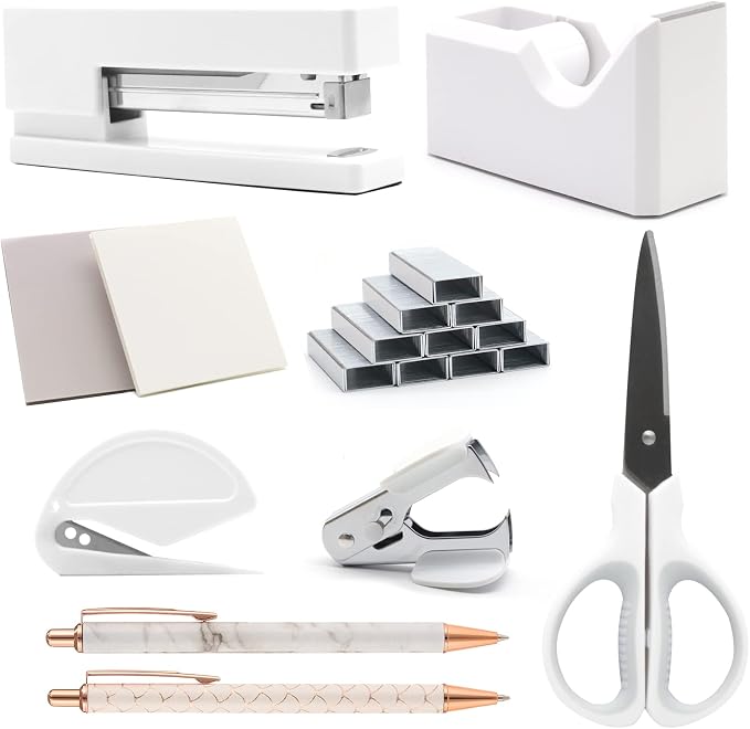 White Office Supplies Set,Desk Accessories Stapler and Tape Dispenser 10PCS | Office Supplies for Women Students， Stapler and Tape Dispenser Set，Sturdy and Durable;Wide Application for Office,Classroom