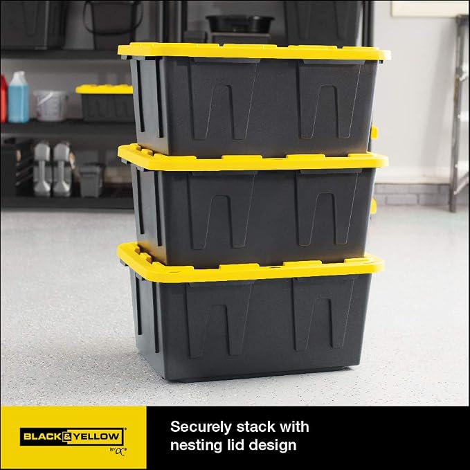 CX Heavy Duty 4-Tier Garage Storage Shelves + 4-pack 27-Gallon Bins & Lids | Garage organizing system with 4-tier shelf + 4 plastic 27-gal totes, 200 lbs/shelf, 50.1H x 48W x 20D, Black & Yellow