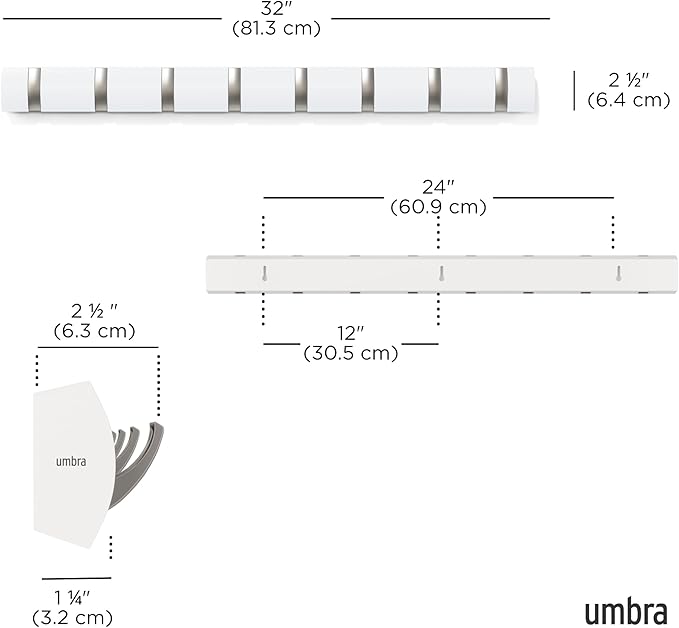 Umbra Flip Coat Rack, Wall Mount 8-Hook, Space Saving, White | Real wood and steel build, retractable hooks fold flat, holds coats bags and scarves, easy install