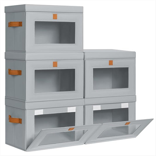 Homsorout Medium Fabric Storage bins - Collapsible Storage Bins with Open Window, 5 Pack Closet Baskets for Shelves, Stackable Decorative Boxes for Home, Dorm, Grey, 13.7"x 9.8" x 9.8"