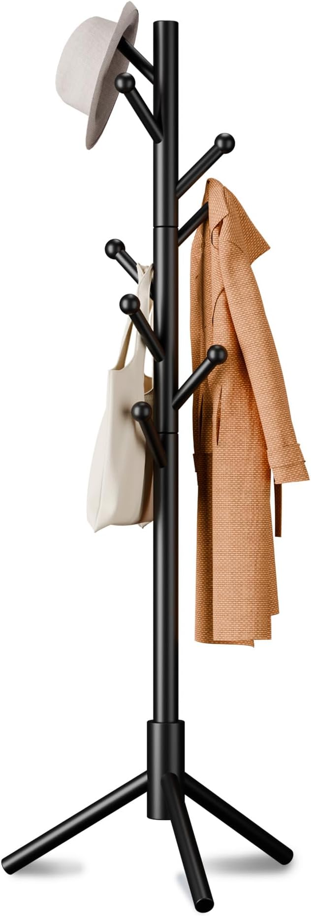 8-Hook Freestanding Coat Rack 3 Heights Safe Round Tips Black | Smooth Round Tips Prevent Slipping,Tool-Free Assembly,Holds Clothes Hats Handbags,Ideal for Entryway Bedroom Hallway Office