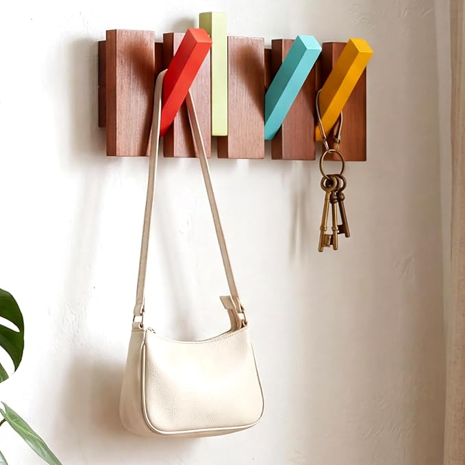 Youyole 4 Hook Wood Coat Rack Wall Mount Mid Century Modern Wooden Coat Hooks Colorful Heavy Duty Flip Down Piano Hat Rack for Hanging Coats Keys Hats Robe Towels Home