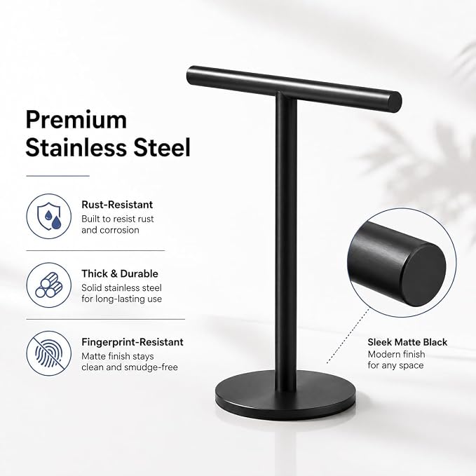 Bathroom Hand Towel Holder Stand，T-Shape Hand Towel Holder Stand SUS304 Stainless Steel Matte Black for Bathroom，Kitchen or Vanity Countertop(2 Pack)