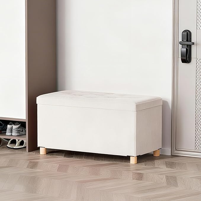 BRIAN & DANY 30 Inches Folding Storage Ottoman Bench, Ottoman with Storage for Living Room, with Wooden Feet and Lid, White