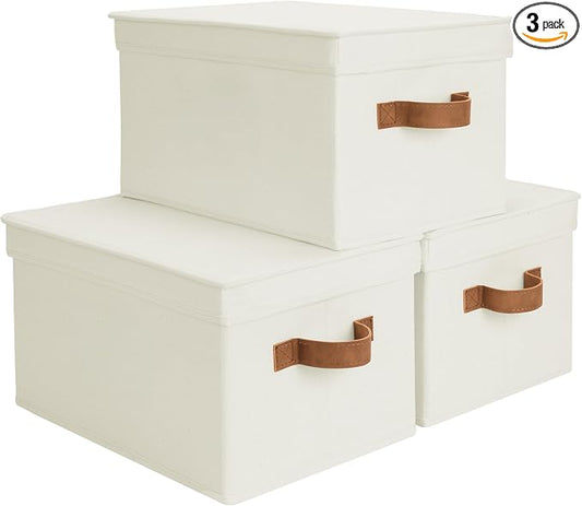 StorageWorks Fabric Storage Bins with Lids, Decorative Storage Bins with PU Handles, Foldable Storage Baskets for Closet, Shelves, Stackable and Sturdy Organization, Ivory, Large, 3-Pack