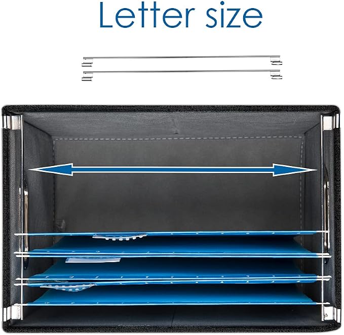 File Organizer Box - Set of 2 Collapsible Decorative Linen Filing Storage Hanging File Folders with Lids Office Cabinet Letter Size Black (14x9.3x10.8 inch)