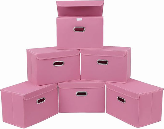 STOREONE Fabric Storage Cube Bins Foldable Organizer Container Collapsible Basket with Lids and Metal Handles, for Home, Bedroom, Closet 6 Pcs (Pink)