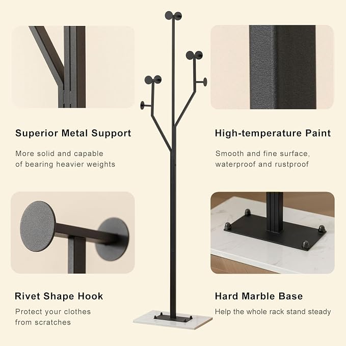 JIAYUEJU Freestanding Coat Rack Coat tree for Entryway Bedroom (Black) | Tree-shaped, Easy Assembly, Space Saver, Heavy Duty, Metal Frame, Marble Base, 8 Hooks, Living Room, Office, Corner