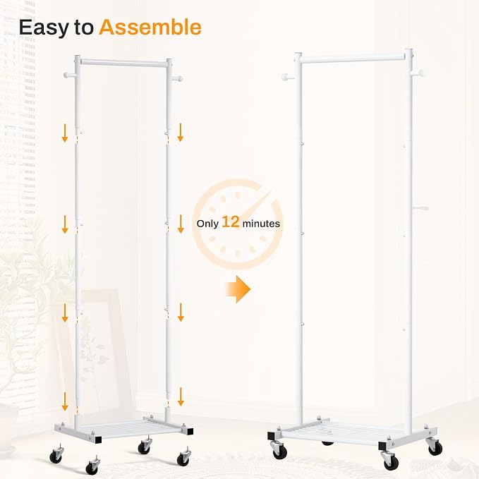 MISSLO Small Clothes Racks for Hanging Clothes Clothing Rack with Wheels 60" Garment Rack with Shelves Portable Rolling Wardrobe Rack for Small Space, White