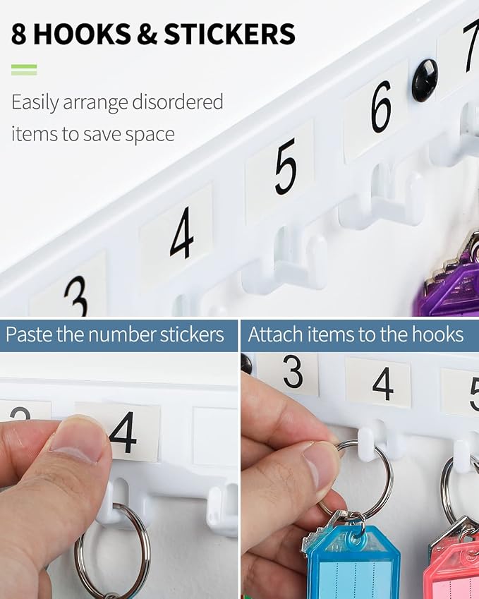 Uniclife 2 Style Key Tag Rack, Slot & Hook Style Wall Mount Key Holder | Plastic Slot-Style Wall Rack Keeps Labeled Keys Organized with Transparent Tough Key Tag Identifiers in 8 Assorted Colors.