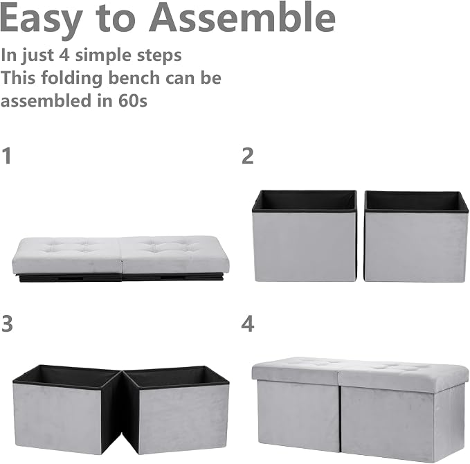 AmasSmile Footrest Ottoman Storage Bench, 34" Velvet Folding Stool, Grey | Large Ottoman with Storage, Thicker Foam Padded Seat, Livingroom, Dorm, Bedroom, Entryway, Easy to install, 34 x 13 x 13in
