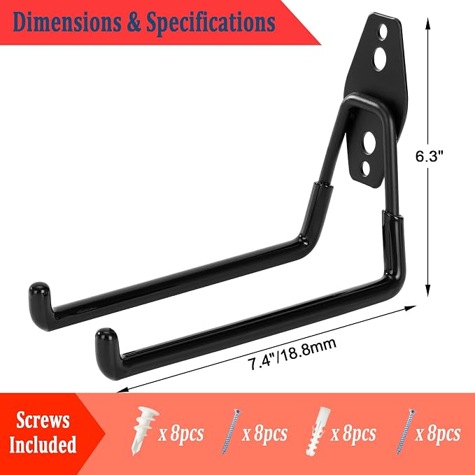 4 Pack Garage Hooks Heavy Duty, 7.4 inch Large Square Utility Hooks | Garage Tool Organizer Wall Mount, Utility Organizer for Ladders, Garden Tools, Bike, Ropes, Bulk Items