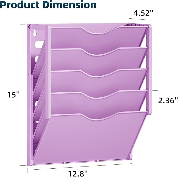 Marbrasse 5 Tier Wall File Organizer, Plastic Hanging File Holder for Mail, Magazines Paper Organizer Wall Mounted for Office Home (Purple)