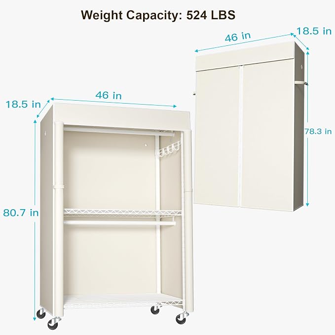 White Clothing Rack with Beige Cover, P1C Plus Rolling Closet | Metal Garment Rack with Wheels for Hanging Clothes, Portable Clothing Storage Wardrobe