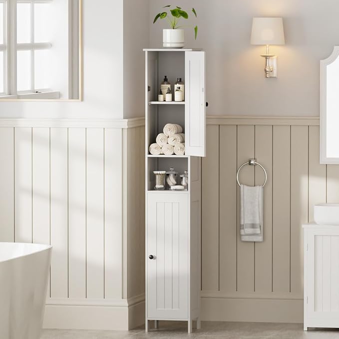 Homleke Tall Bathroom Storage Cabinet with 2 Doors, Slim Bathroom Cabinet | Narrow Storage Cabinet with Adjustable Shelves, Anti-Tip Design, Reversible Door, Easy Assembly, White, 11.8''W