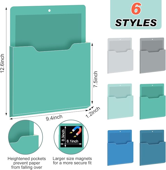 6 Pcs Magnetic Wall File Organizer Magnetic Wall File Holder Refrigerator Magazine Holder for Mail Letters Paper(Aqua Green,Vertical-large)