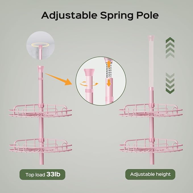 HAMITOR Corner Shower Caddy Tension Pole: 4-Tier Rust-Resistant Adjustable Bathroom Organizer Shelves - 47.72-123.6 Inch No-Drill Quick Installation - Space-Saving Storage for Renters Family - Pink