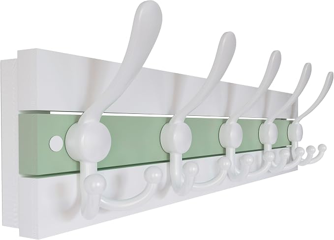 SKOLOO Coastal Wall Mounted Coat Rack - 16-7/8" Beach House Entryway Wooden Coat Hook with 5 Hooks for Hanging Coats, Hats or Towels, Oceanfront Cottage Core Collection, White & Green