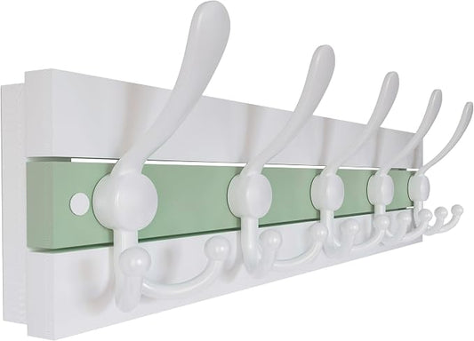 SKOLOO Coastal Wall Mounted Coat Rack - 16-7/8" Beach House Entryway Wooden Coat Hook with 5 Hooks for Hanging Coats, Hats or Towels, Oceanfront Cottage Core Collection, White & Green