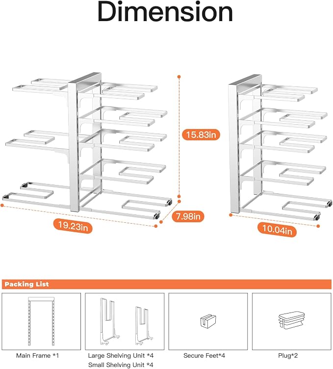 Pots and Pans Organizer Under Cabinet 15.8" 8-Tier Adjustable Silver | 2 DIY Modes, Tool-Free Assembly, Max 120 Lbs, Fits Cast Iron Pans, Dutch Ovens & Heavy Cookware, For Kitchen Cabinets