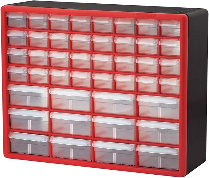 Akro-Mils 44-Drawer Plastic Storage Cabinet, 20" W x 6" D x 16" H, Red | Plastic Cabinet w/ Drawers for Garage Organization, Beads, Building Bricks Storage, Teacher Toolbox, Makeup Organizer, 10144