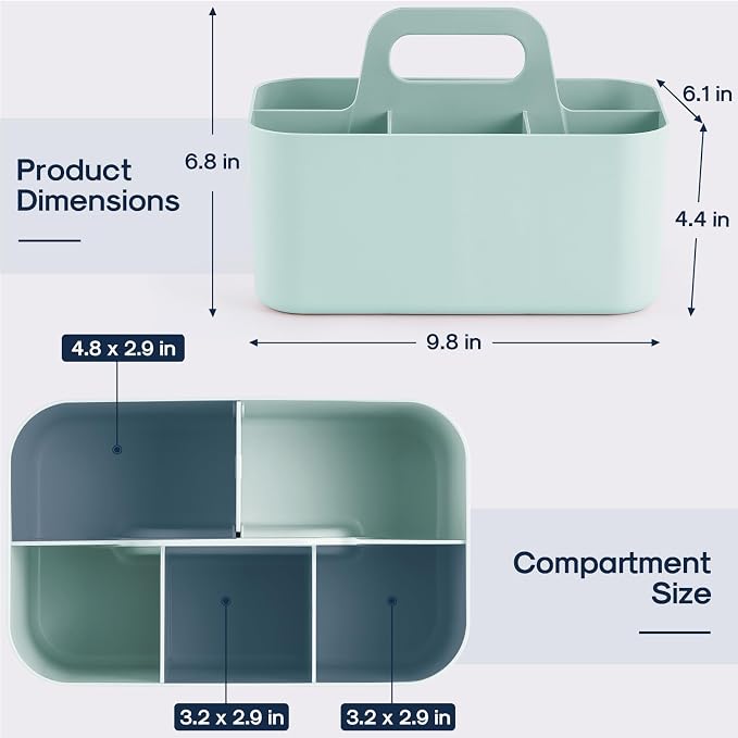 Multiuse Caddy Organizer with Handle, Portable Divided Plastic Tote Bin - Art Craft, Stationary Pen Marker Crayons, Makeup Hair Supplies Storage - Bathroom, Classroom, Dorm, Office, Desk Holder - Mint