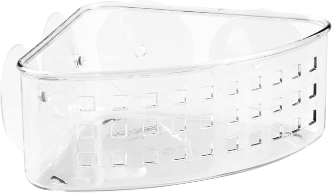 iDesign Plastic Suction Cup Corner Shower Basket, Clear | Bathroom Storage, Made in USA