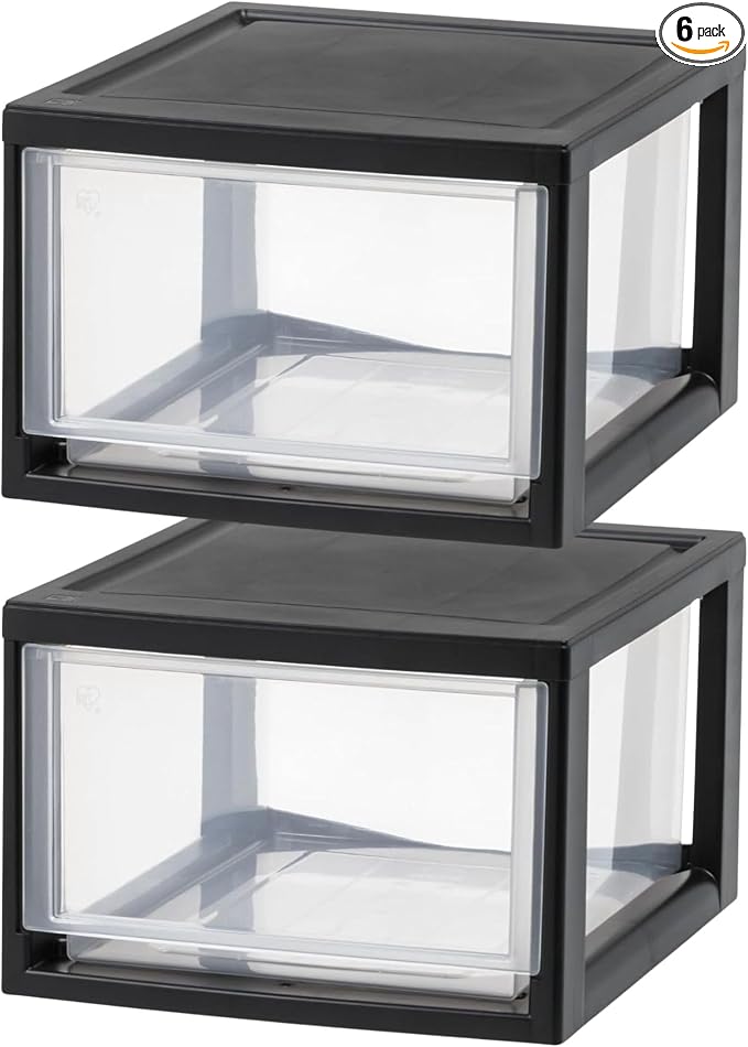 IRIS USA 6 Pack Plastic Drawer Storage Organizer, Stackable Unit with Sliding Drawers for Kitchen, Bathroom, Bedroom, Office, 14.5 Quart, Black