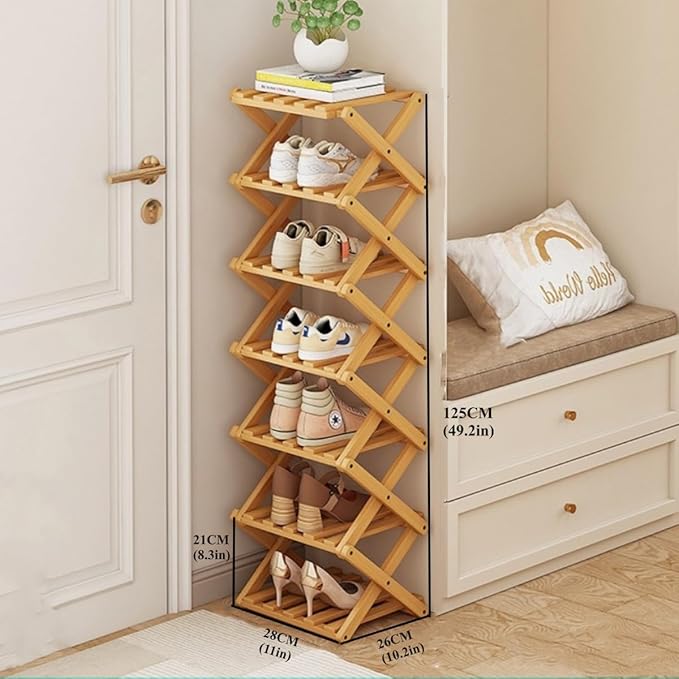 7 Tier Foldable Shoe Rack, Bamboo Vertical Shoe Organizer Tall for Multifunctional Narrow Shoe Shelf for Entryway, Closet, Corner, Bedroom, Hallway(Natural)