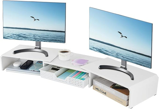 LEKETREE Dual Monitor Stand Riser with Drawer, Desk Organizer and Accessories, Metal Laptop Stand for Desk, Workspace Desktop Stand for Computer, Laptop, TV and More (White)