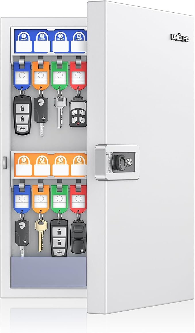 Uniclife Key Lock Box, Wall Mount Key Box, Car Key Organizer with Writable Key Racks and Tags, 32-Key Combo Lock, White, Security Key Holder Storage Box for Office, Company
